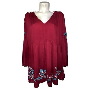 Burgundy Floral Embroidered Bell Sleeve Babydoll Tunic Top Boho Peasant Wine M